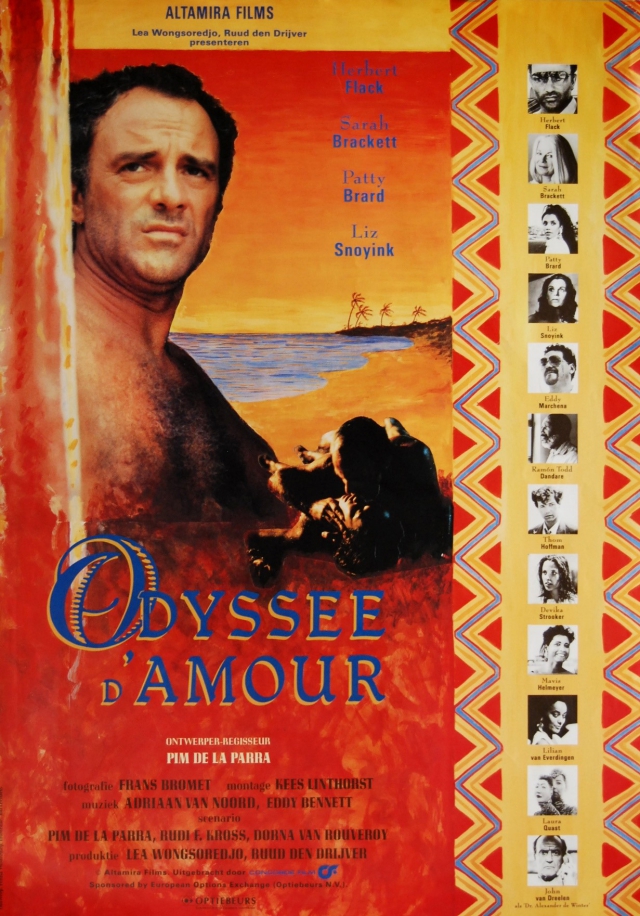 Figure 5. The original film poster of Odyssée d’Amour (1987, Odyssey of Love). ‘I sought to portray how Dutch male expats living on the ABC islands use their privileged status to wreak havoc on the love life of the local women by playing multiple mistresses.’ Design by: Fenna Westerdiep. Illustration by: Ton Leenarts.