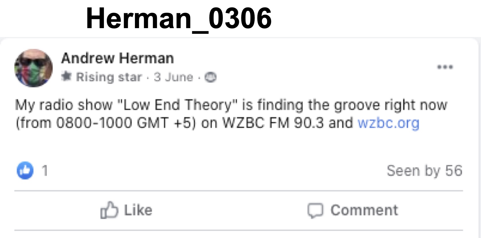 Figure 7: Screen capture of the Herman posting about the radio show hosted throughout the early days of the pandemic, as posted on the MMS Facebook group page. Permission of Andrew Herman