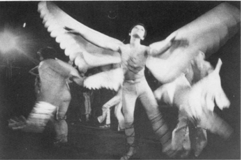 Figure 4: “The Birds dance before their King.” Photo by Mikoshiba Shigeru in David G. Goodman. The Return of the Gods: Japanese Drama and Culture in the 1960s. Cornell, 2010. Cover image credit: Mikoshiba Shigeru, The Dance of Angels Who Burn Their Own Wings. Photograph n.d.
